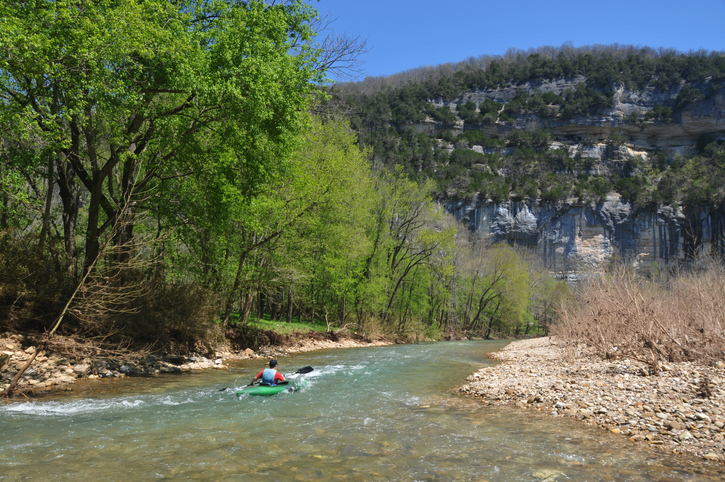 "Kayaker on the Buffalo River in north Arkansas, USA. This is the first (only) river in the U.S. declared a National Park. It's awesome! Need photos representing the people, places and natural beauty of Arkansas"